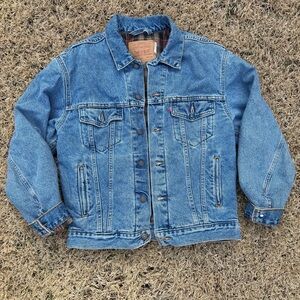Vintage 1990s Levis Red Plaid Flannel Lined Denim Jean relaxed Trucker Jacket